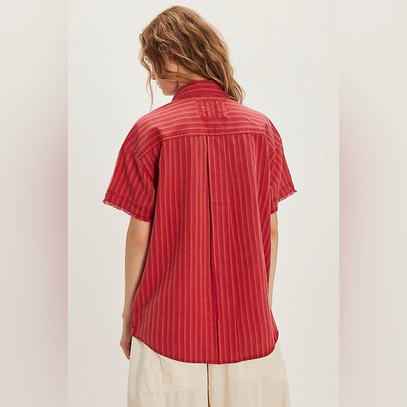 Free People Christopher Linen Oversized Button Front Shirt in Red, Size Large - Picture 2 of 9